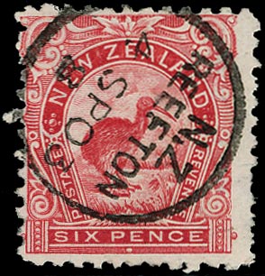 NEW ZEALAND 1902  SG312ab Used 6d rose-red watermark 43 perf 11 variety watermark upright