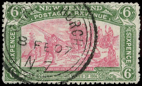 NEW ZEALAND 1906  SG373 Used Christchurch Exhibition 6d pink and olive-green variety watermark sideways reversed
