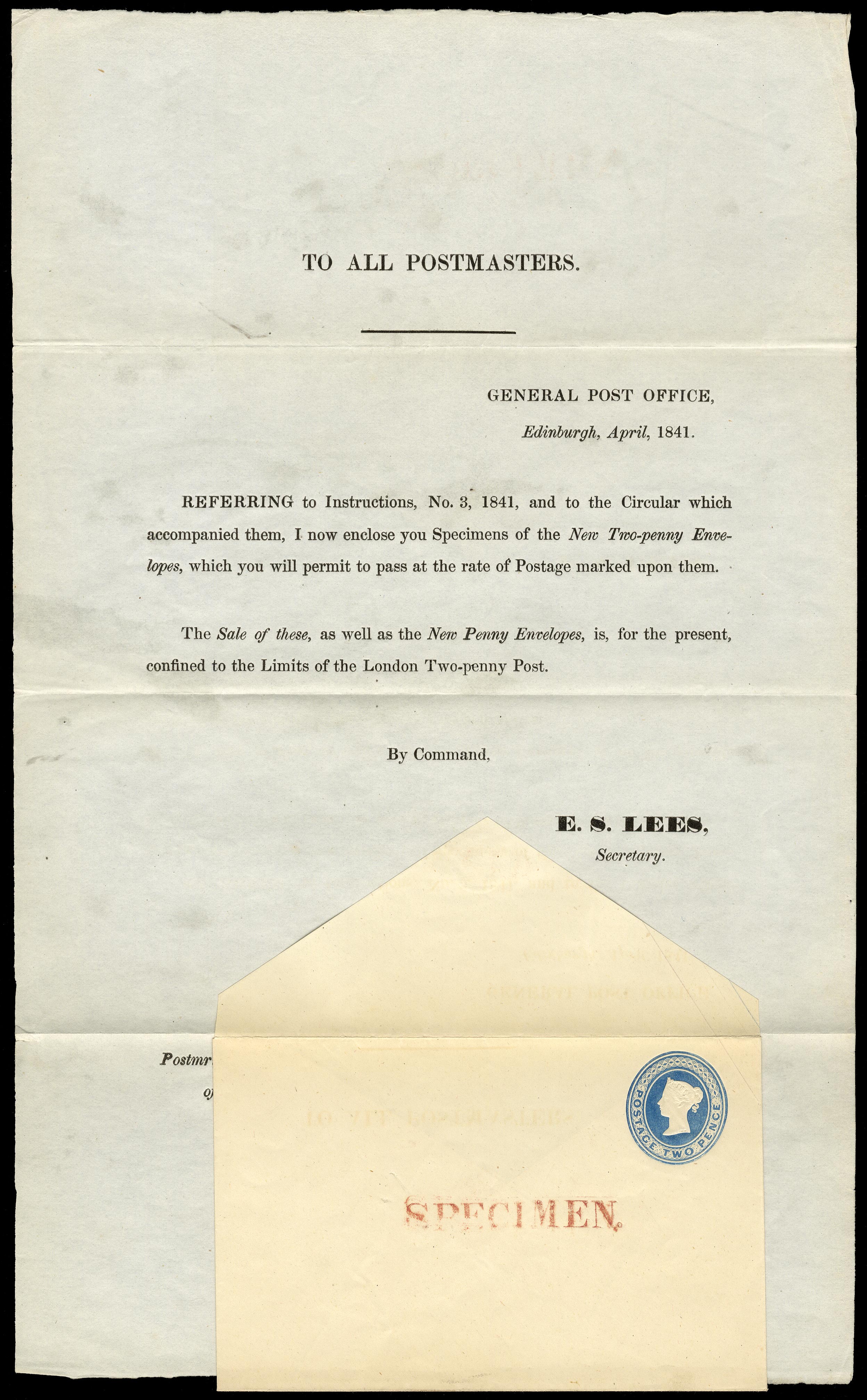 SGPN10 1841 Postal Notice for 2d envelopes
