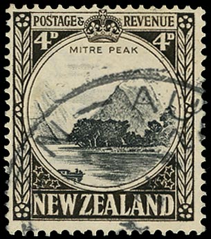 NEW ZEALAND 1936  SG583dw Used 4d Mitre Peak multiple watermark perf 14x14&frac12; variety watermark inverted