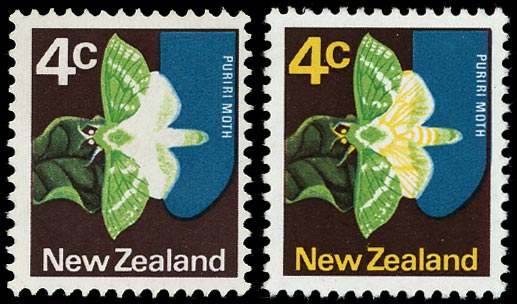 NEW ZEALAND 1973  SG1011c Mint unmounted 4c Puriri Moth error orange-yellow omitted
