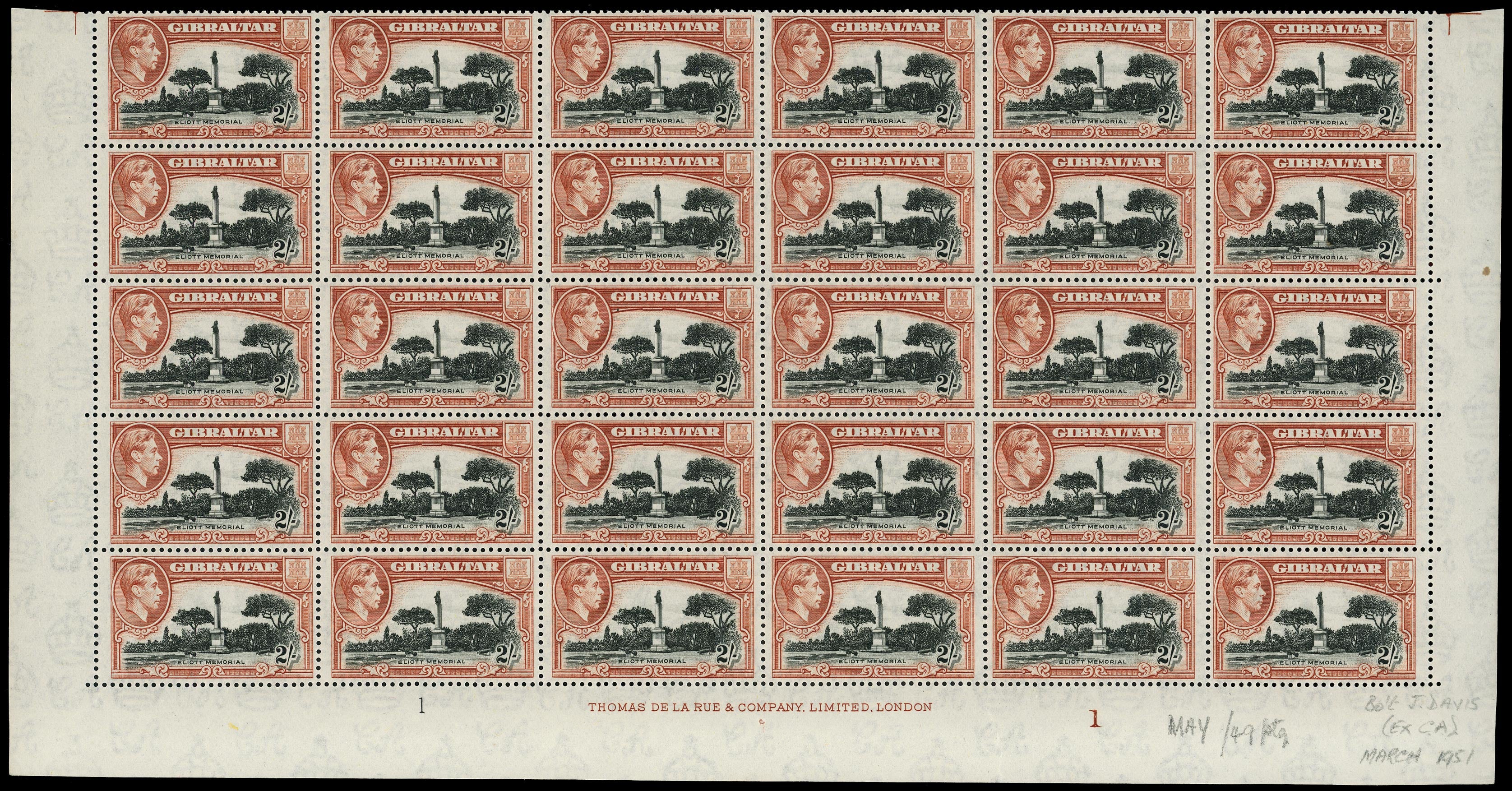 GIBRALTAR 1938  SG128bb Mint unmounted 2s perf 13 imprint and plate block with variety Bird on memorial
