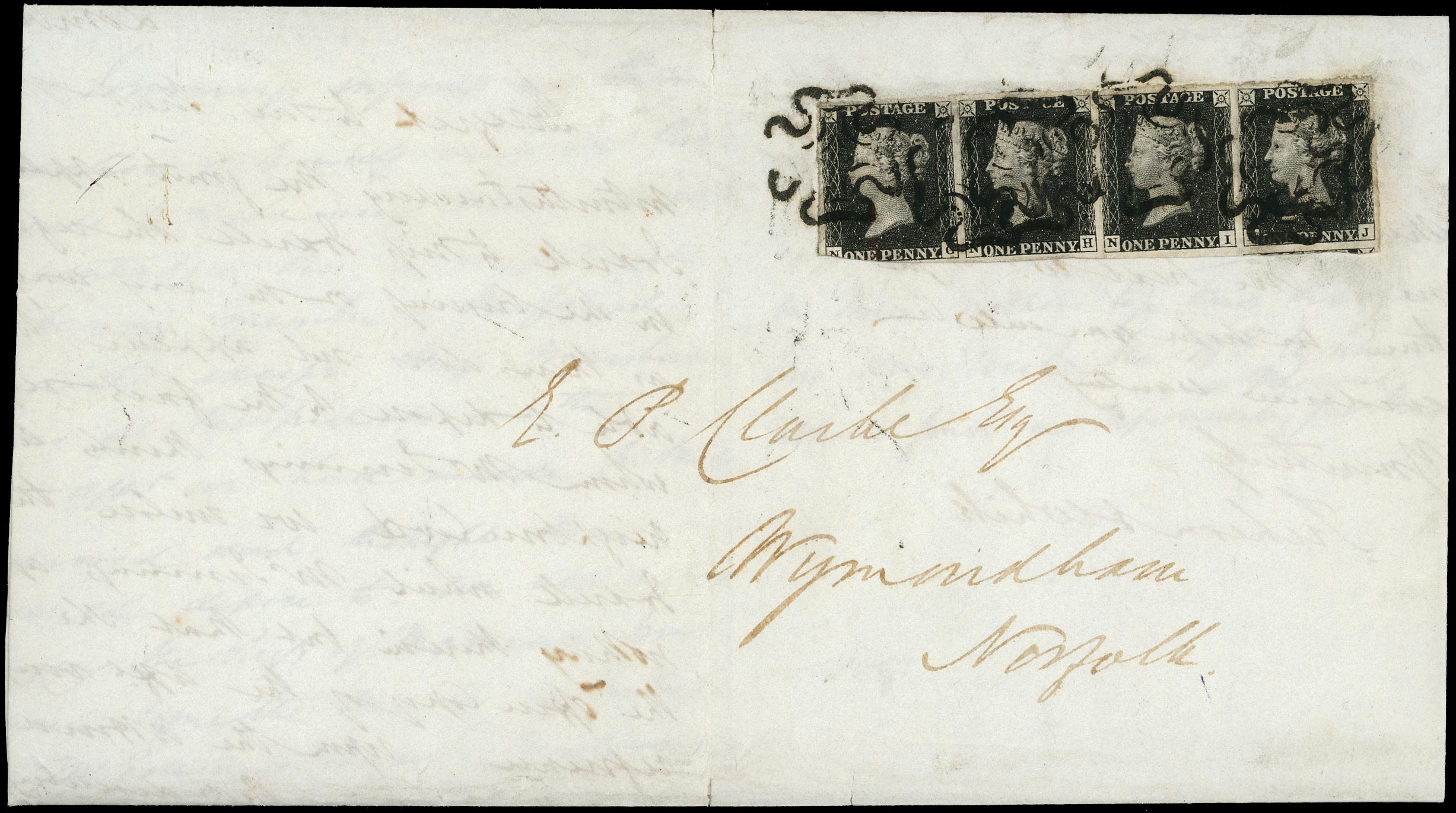 GB 1840  SG2 Pl.9 Penny Black strip of four