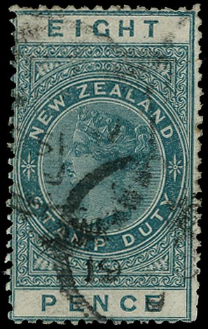 NEW ZEALAND 1882  SGF5b Postal Fiscal 8d green postal fiscal, wmk "NZ", postally used