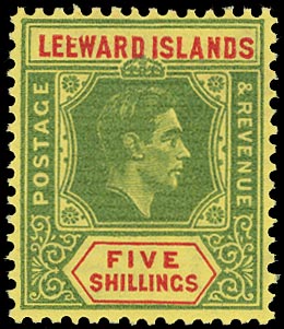LEEWARD ISLANDS 1938  SG112ba Mint unmounted KGVI 5s ordinary paper variety Broken E