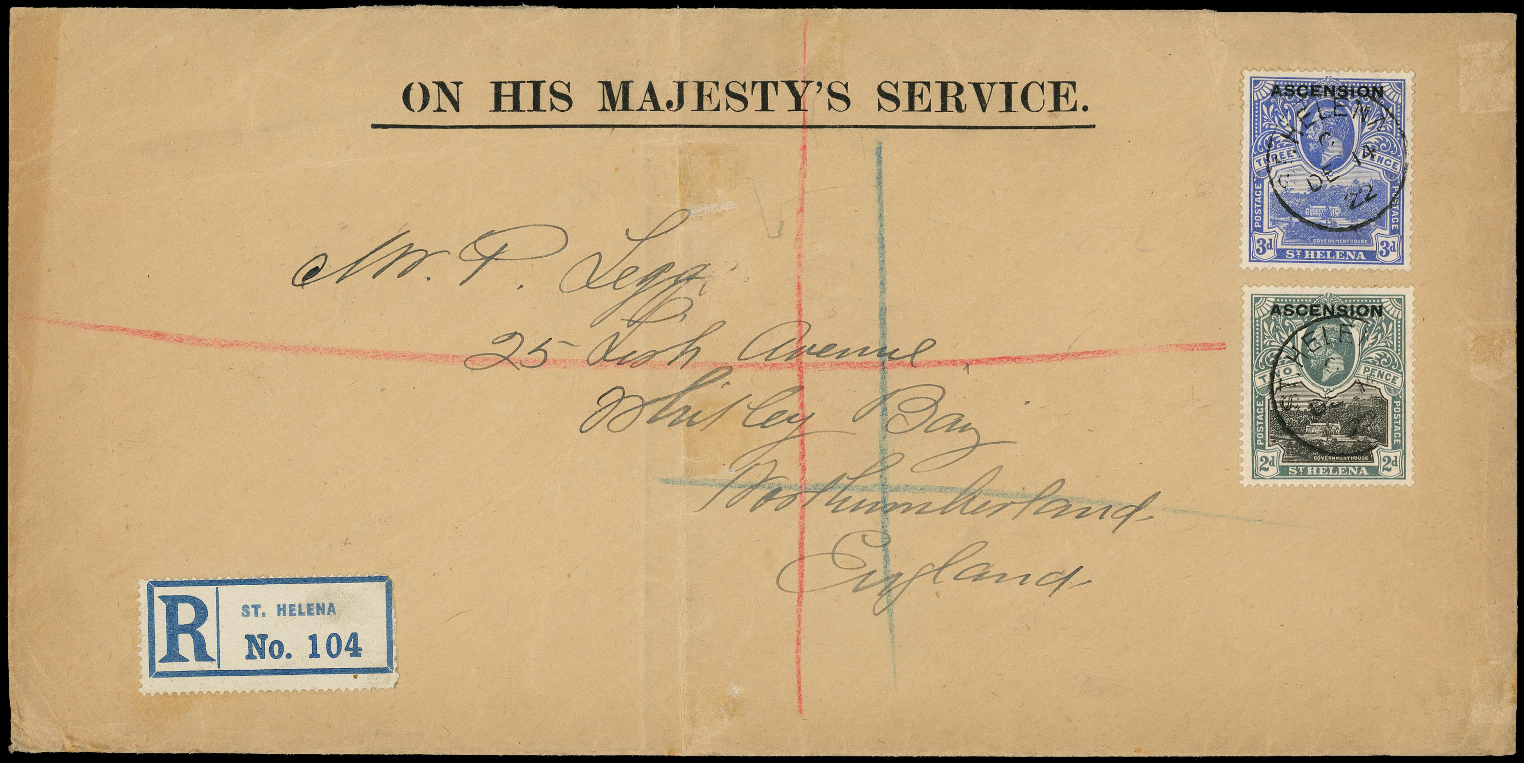 ASCENSION 1922  SG4, 5 Cover OHMS registered from St Helena to England