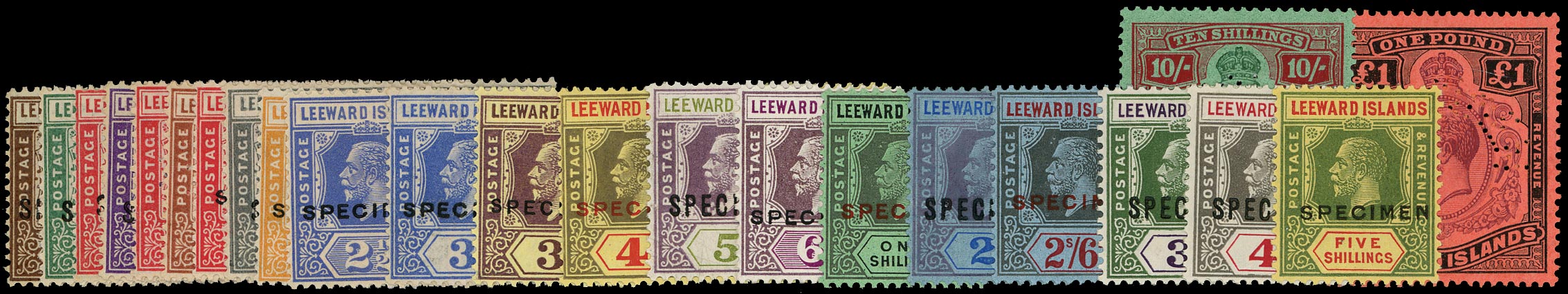 LEEWARD ISLANDS 1921  SG58s/80s Specimen KGV set of 23 to £1 Script watermark