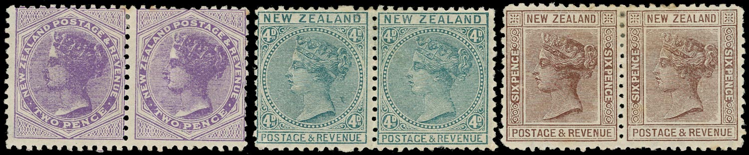 NEW ZEALAND 1882  SG188, 190/1 Mint Wmk 12a Perf 12x11&frac12; 2d Die 1, 4d, 6d, horiz pairs, pog