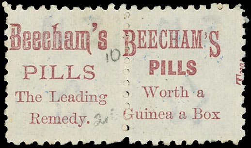 NEW ZEALAND 1882  SG220ex Used 2&frac12;d, wmk 12b, perf 10, WMK REVERSED, brown-purple advert, horiz pair,