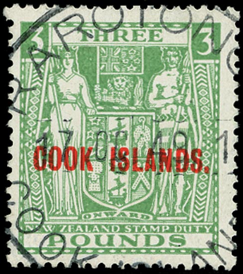 COOK ISLANDS 1936  SG123b Used £3 green watermark single NZ and Star