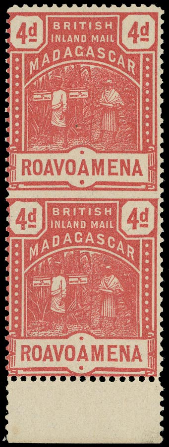 MADAGASCAR (BRITISH) 1895  SG58b Mint 4d rose British Inland Mail vertical pair error imperforate between