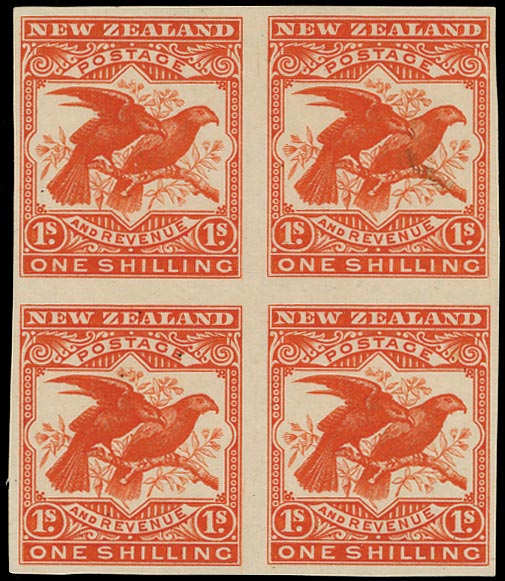 NEW ZEALAND 1898  SG257 Proof Pictorial 1s vermilion, Waterlow imperf plate proof B4 from the "colonial" plate