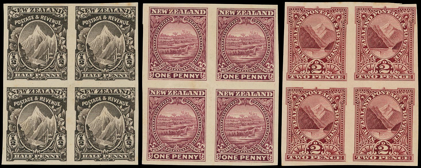 NEW ZEALAND 1900  SG273/4, 276 Proof &frac12;d, 1d, 2d, Waterlow plate proofs from new plates, imperf B4