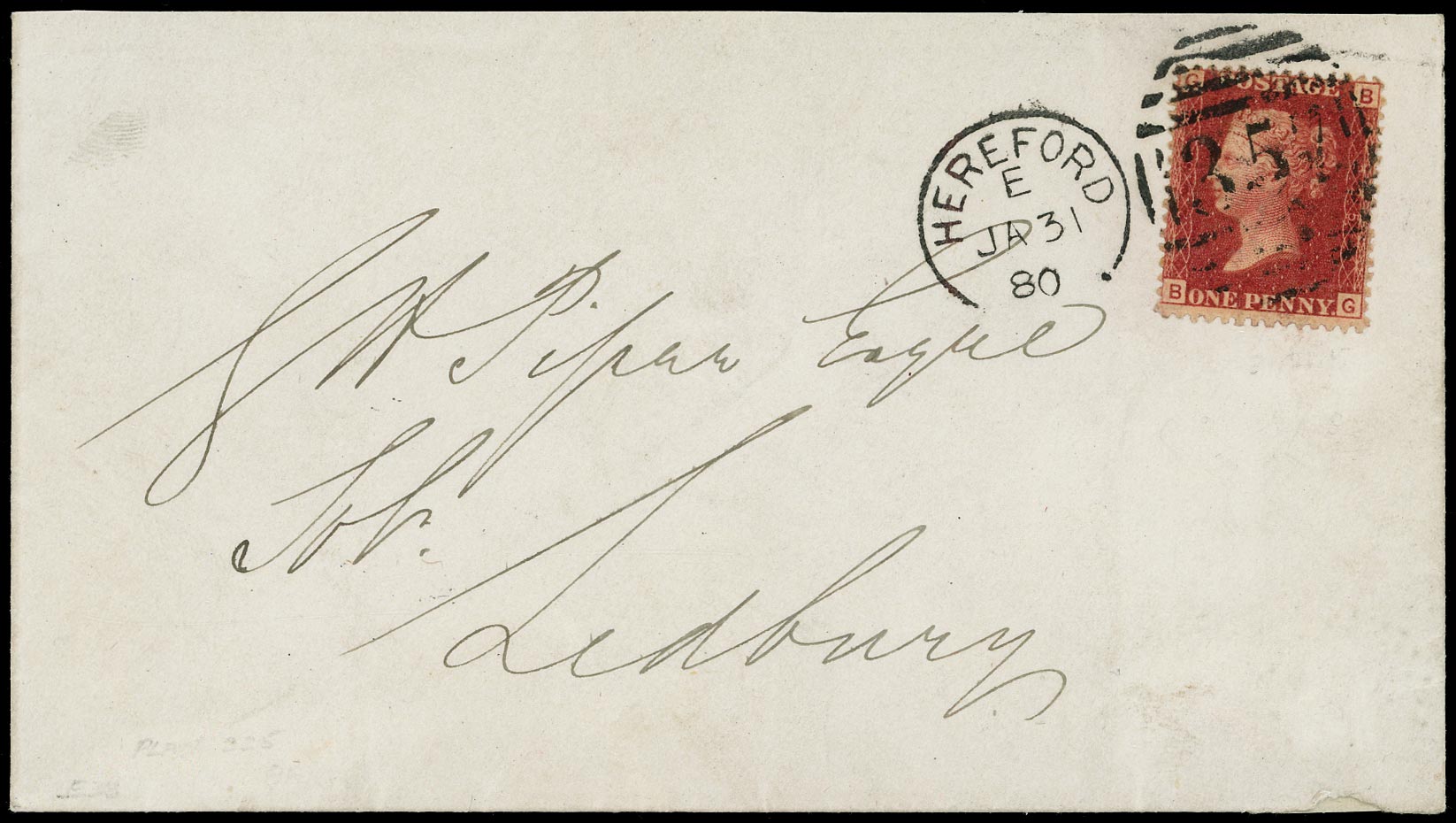 GB 1877  SG43 Pl.225 Cover - scarce plate used on cover
