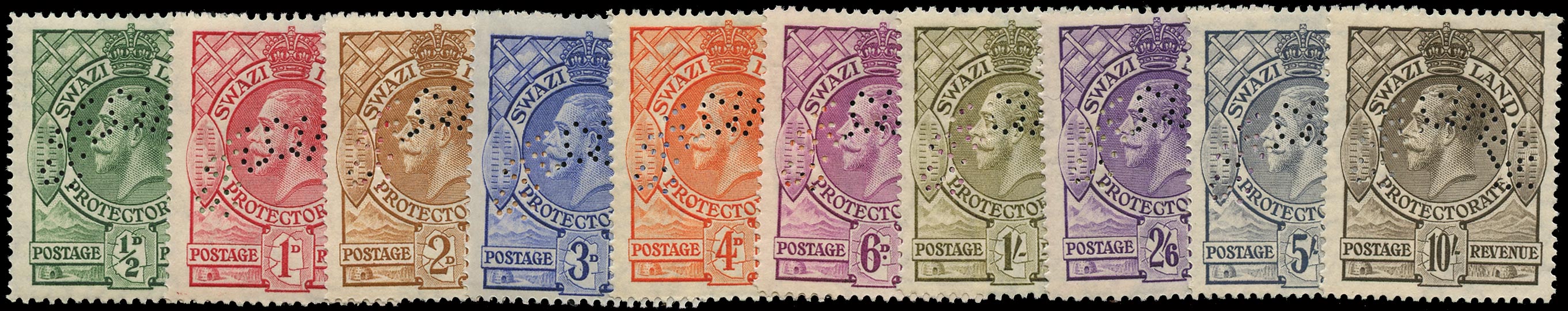 SWAZILAND 1933  SG11s/20s Specimen KGV set of 10 to 10s
