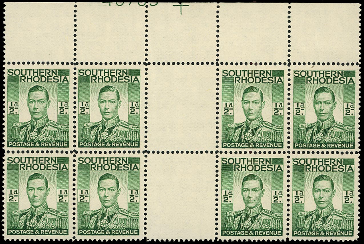 SOUTHERN RHODESIA 1937  SG40 Mint unmounted KGVI &frac12;d green with plate number 40763