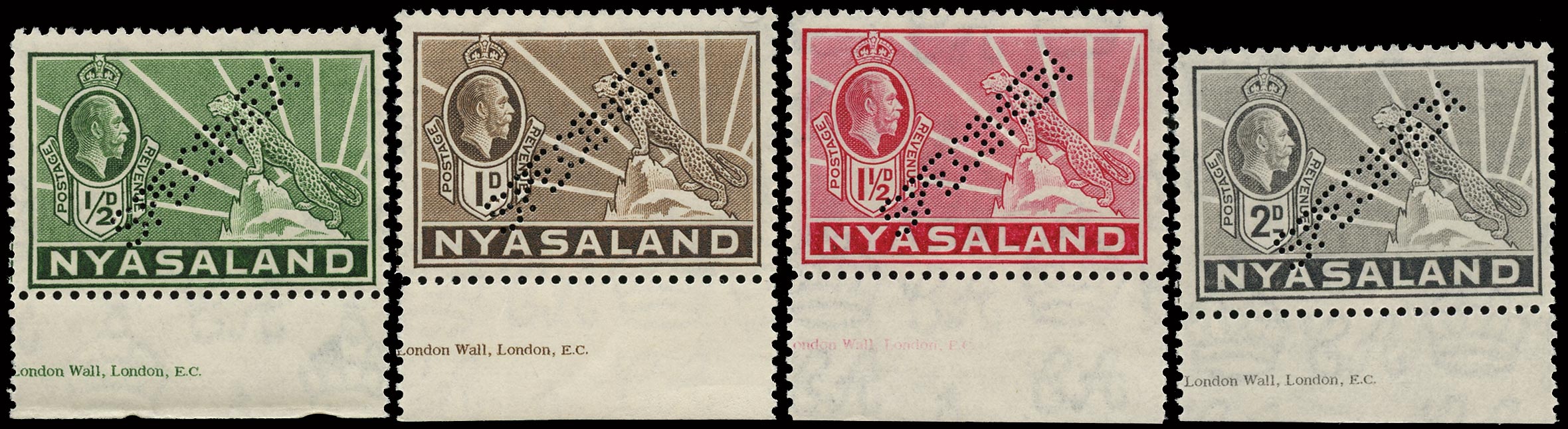NYASALAND 1934  SG114s/17s Specimen KGV Leopard &frac12;d, 1d, 1&frac12;d, 2d with part imprint and unmounted
