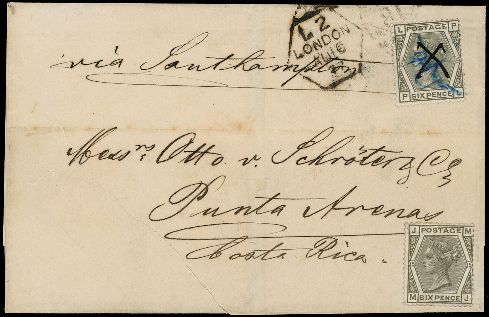 GB 1877  SG147 Pl.15 Cover - London to Punta Arenas, Costa Rica