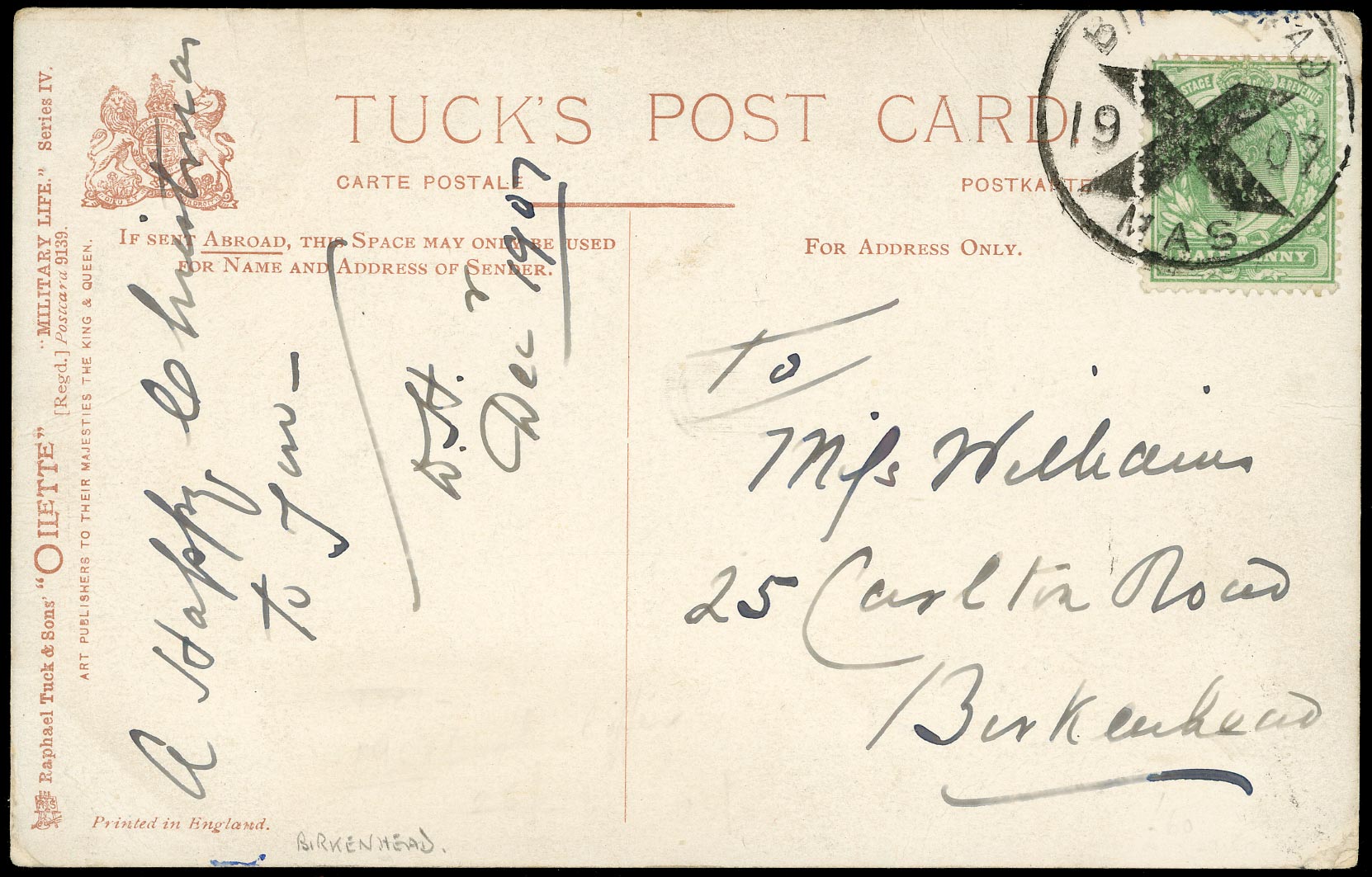 GB 1907  SG218 Cover - Birkenhead Posted in Advance for Xmas