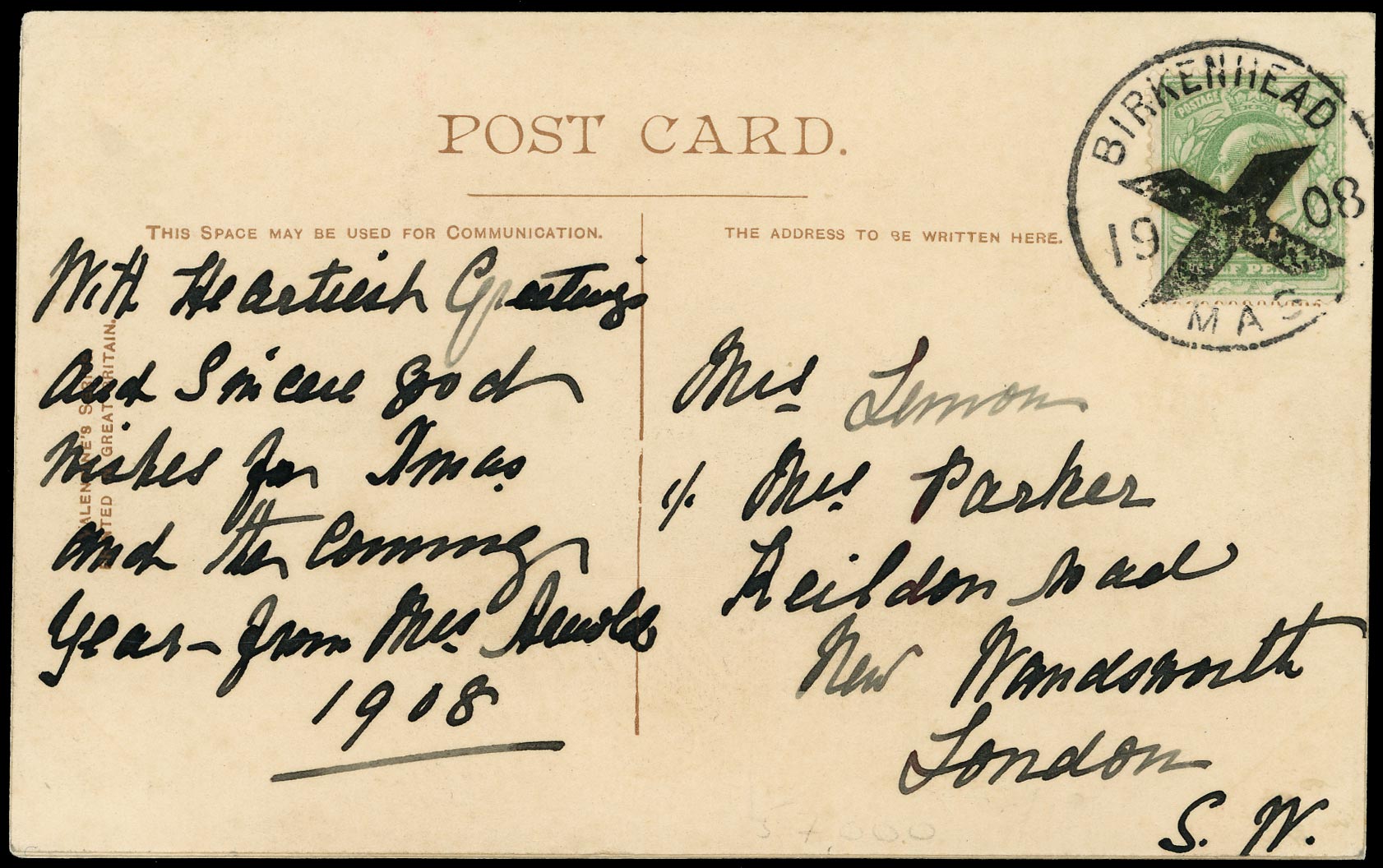 GB 1908  SG218 Cover - Birkenhead Posted in Advance for Xmas