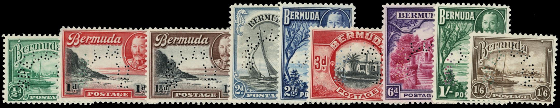 BERMUDA 1936  SG98s/106s Specimen KGV pictorial set of 9 to 1s6d