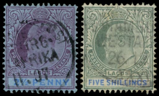 LAGOS 1904  SG57, 62 Cancel of Deutsche Seepost Hamburg Westafrika used on KEVII 2&frac12;d and 5s