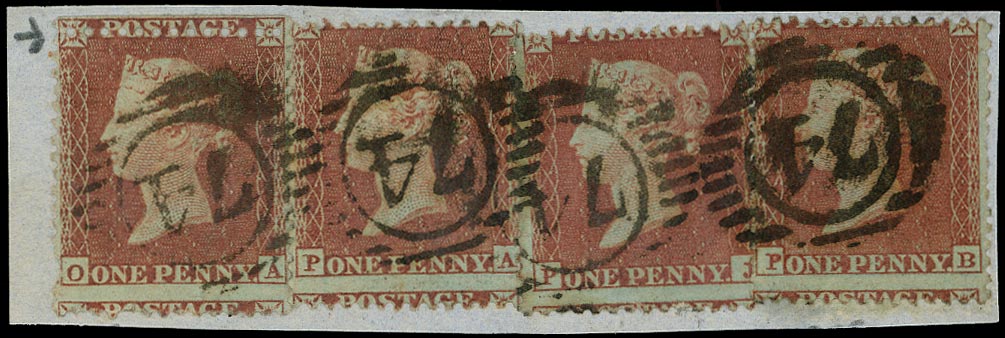 GB 1855  SG22 Pl.R1 Used - VFU, four singles on piece