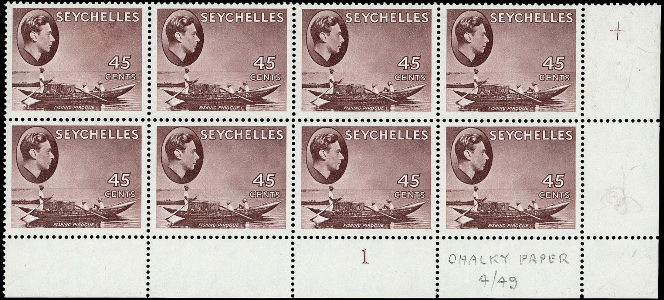 SEYCHELLES 1938  SG143b var Mint unmounted 45c purple-brown chalk-surfaced paper R5/7 major retouch