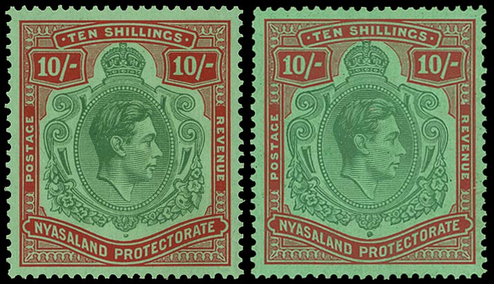 NYASALAND 1938  SG142, 142a Mint KGVI 10s on chalk-surfaced and ordinary papers