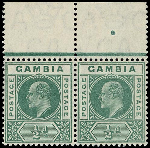 GAMBIA 1904  SG57/a Mint &frac12;d wmk MCA, variety "Dented frame" in positional horizontal pair, u/m