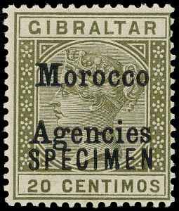 MOROCCO AGENCIES 1899  SG11cs Specimen 20c olive-green "Hyphen between nc", with "SPECIMEN", lpog