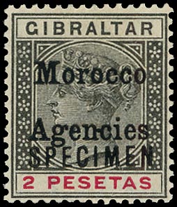 MOROCCO AGENCIES 1899  SG16cs Specimen 2p black and carmine "Hyphen between nc", with "SPECIMEN", lpog