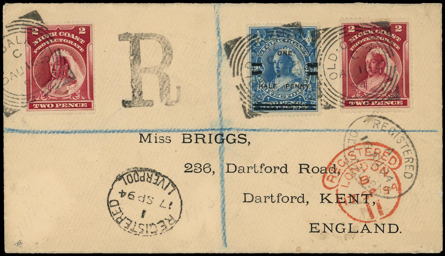 NIGER COAST 1894  SG53b, 65 Cover registered from Old Calabar to London with &frac12;d on 2&frac12;d provisional
