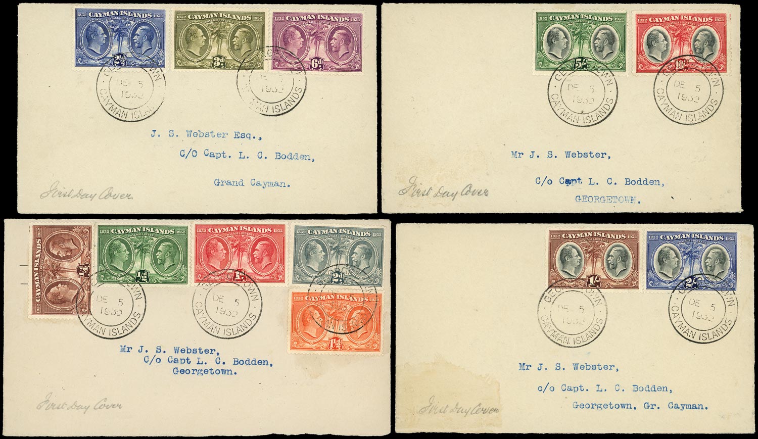CAYMAN ISLANDS 1932  SG84/95 Cover x4 bearing Centenary set of 12 to 10s used on first day of issue