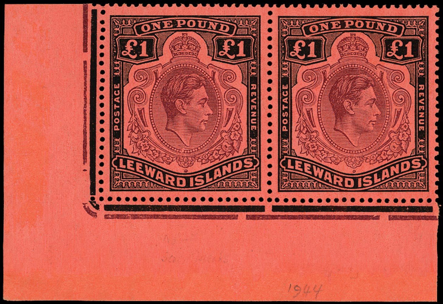 LEEWARD ISLANDS 1938  SG114ba Mint KGVI £1 brown-purple and black on salmon paper variety Missing pearl