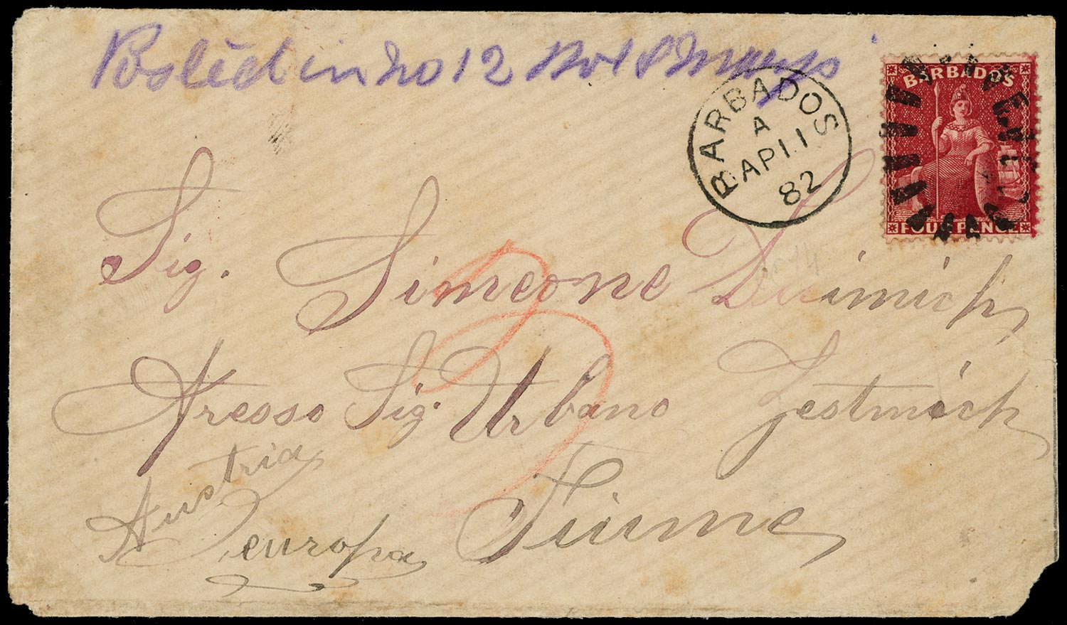 BARBADOS 1882  SG78 Cover cover to Fiume with 4d Britannia