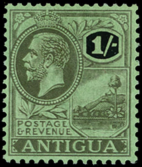 ANTIGUA 1921  SG57y Mint KGV 1s black on emerald paper watermark MCA variety Watermark inverted and reversed