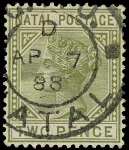 NATAL 1887  SG106a Used QV 2d olive-green variety Top left triangle detached