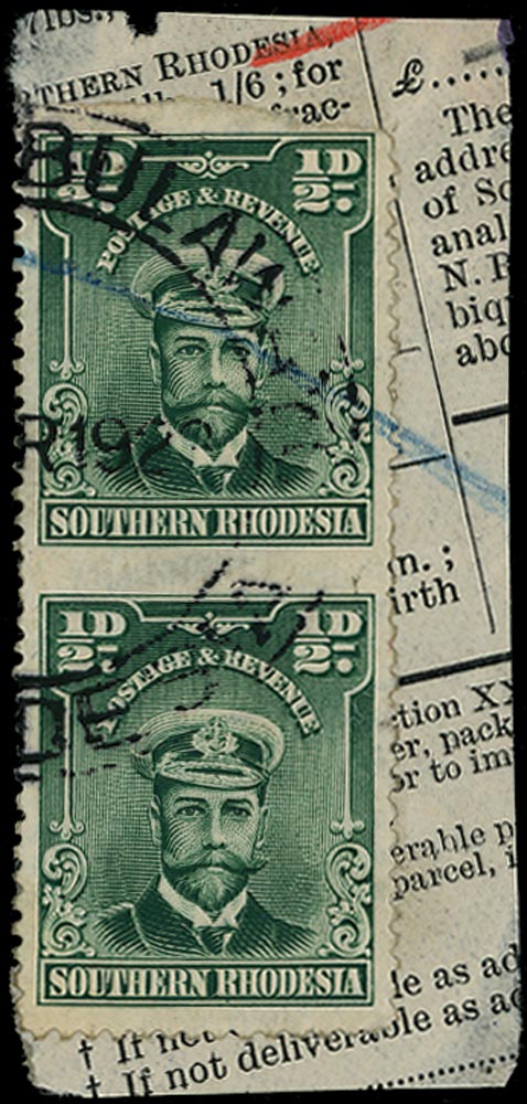 SOUTHERN RHODESIA 1924  SG1d Used &frac12;d blue-green. vert pair, imperf between AND AT TOP (from a strip of three), used on parcel form piece