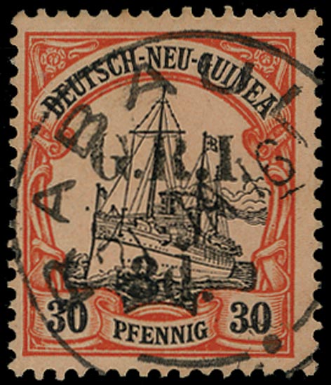 NEW GUINEA 1914  SG23f Used 3d on 30pf, variety "Thick 3" (setting II, pos. 1), Rabaul cds