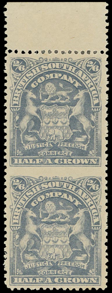 RHODESIA 1898  SG85a Mint 2s6d bluish grey, vertical pair ERROR IMPERFORATE BETWEEN, lpog