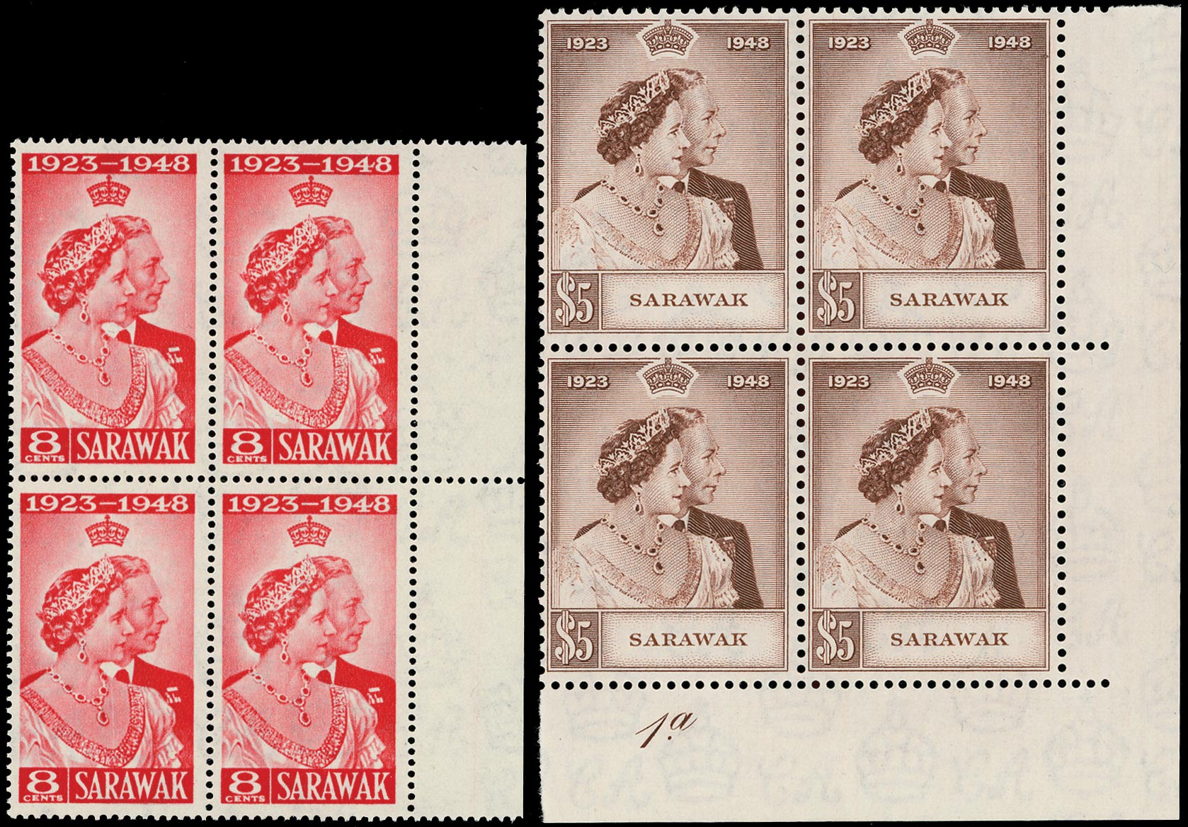 SARAWAK 1948  SG165/66 Mint unmounted Royal Silver Wedding 8c and $5