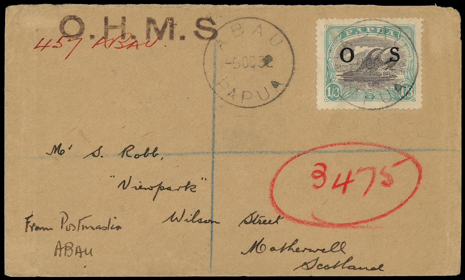 PAPUA 1932  SGO65 Cover registered OHMS from Abau to Scotland