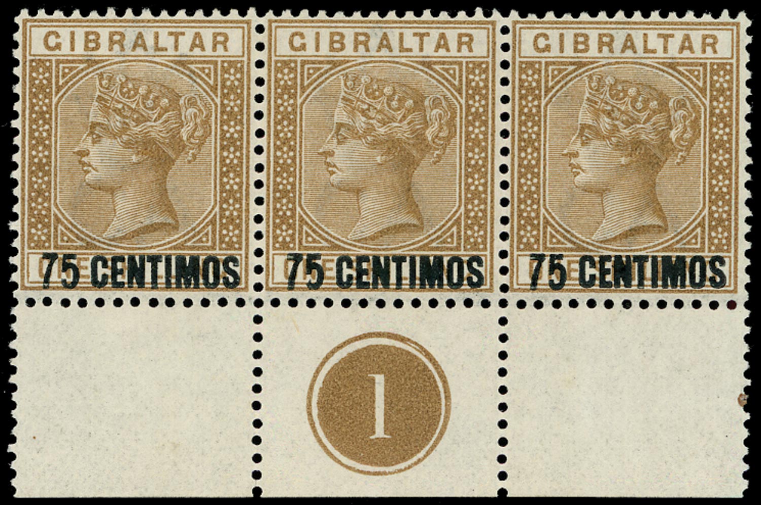GIBRALTAR 1889  SG21a Mint 75c on 1s bistre variety "5" with short foot