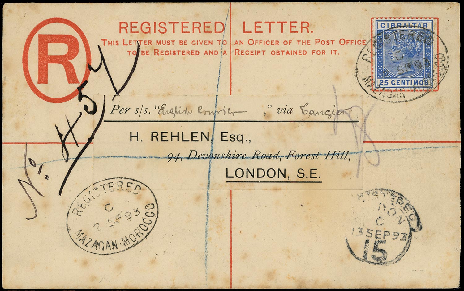 MOROCCO AGENCIES 1893  SGZ70 Cover registered from Mazagan to London