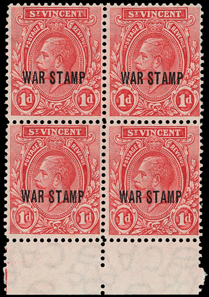 ST VINCENT 1916  SG127w Mint 1d 'WAR STAMP' (type 24), wmk inverted, marginal B4, u/m