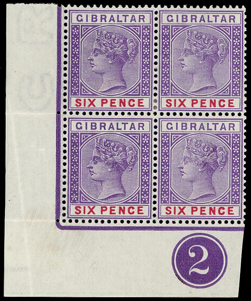 GIBRALTAR 1898  SG44 Mint 6d violet and red, corner block of four with plate number '2'