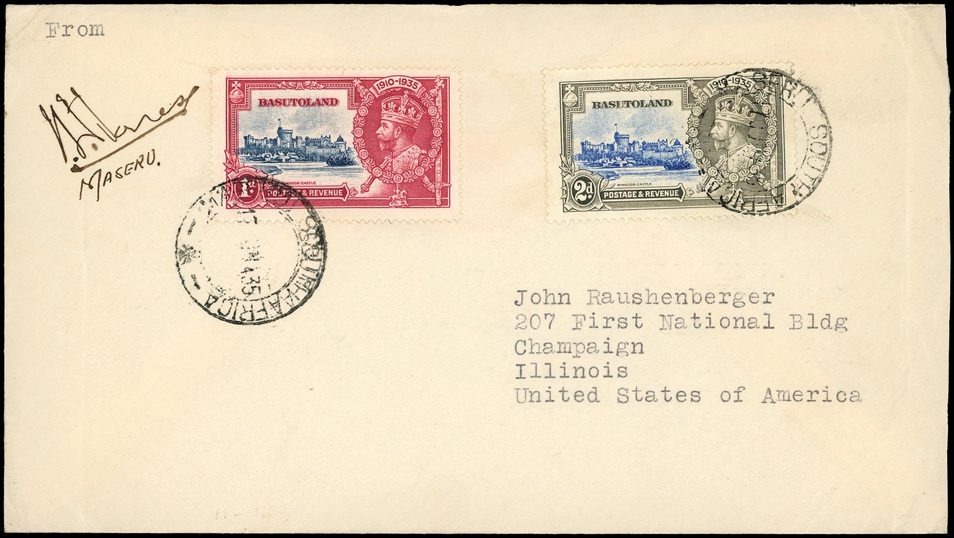 BASUTOLAND 1935  SG11, 12g Cover from Maseru to USA including 2d variety Dot to left of chapel