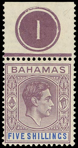 BAHAMAS 1938  SG156 Mint unmounted KGVI 5s lilac and blue on thick chalk-surfaced paper