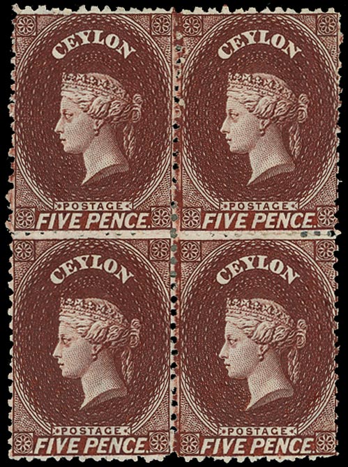 CEYLON 1863  SG53 Mint 5d red-brown, wmk CC (type 5), block of four